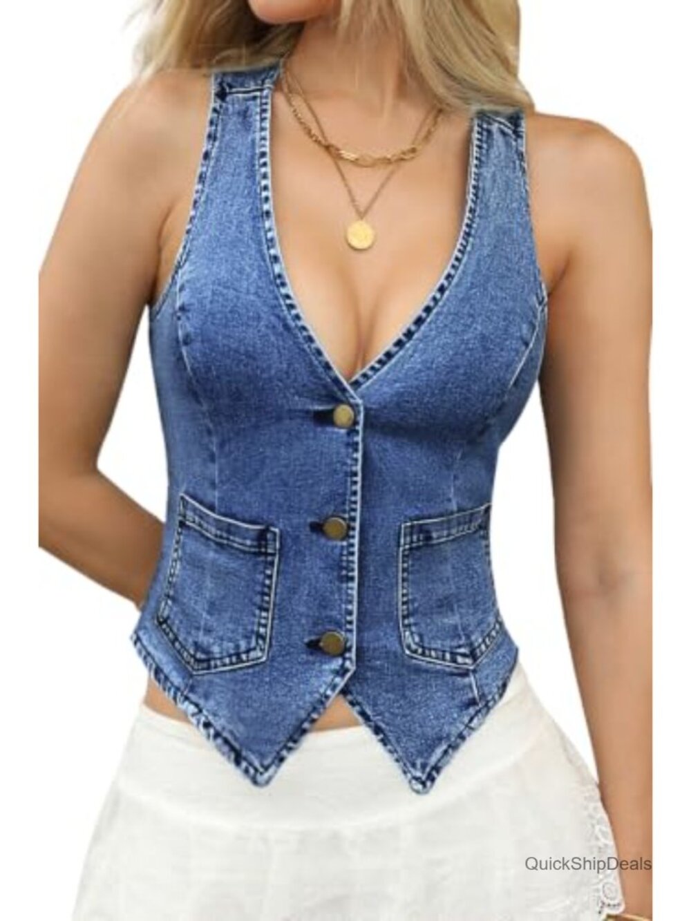 High Stretch Denim Vest, Sleeveless Cropped Jean Vest with Pockets, V-Neck
